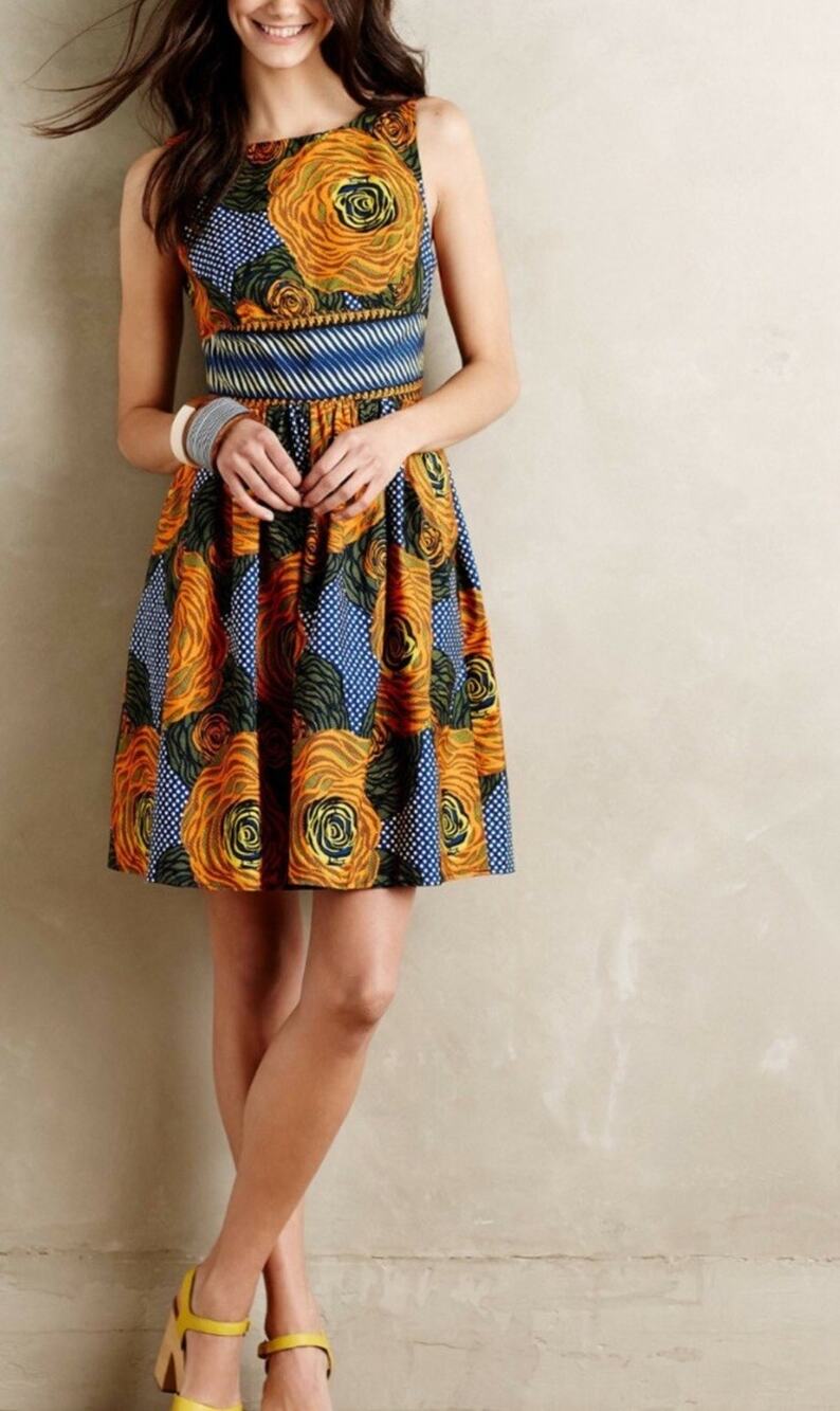 Anthropologie Mille Collines Moonrise Dress Fit Flare Blue Orange 6 Mini Resort